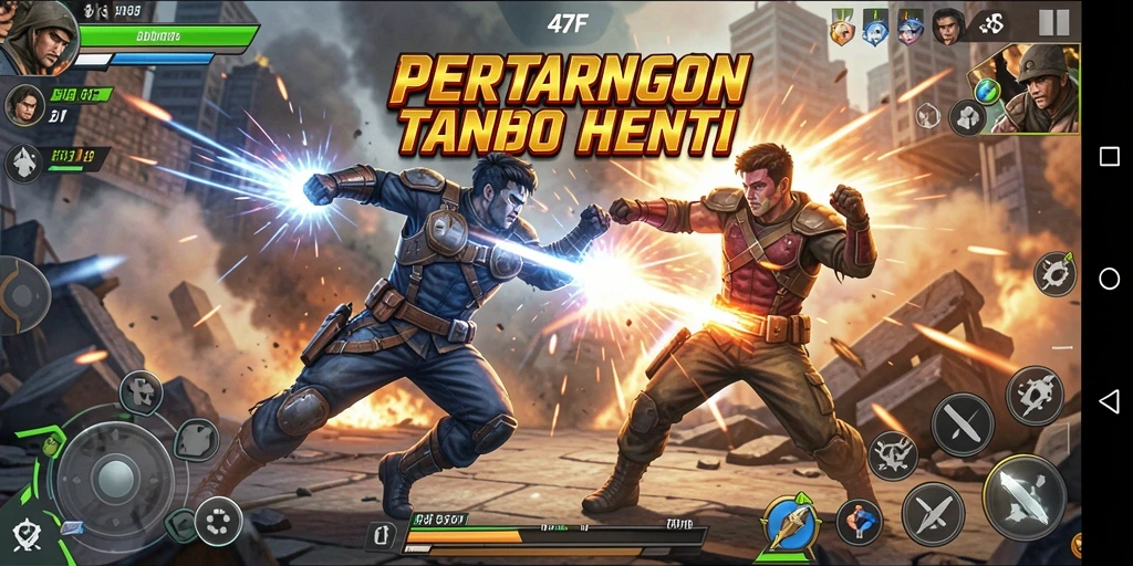 Screenshot utama 47F menunjukkan aksi intens gameplay.
