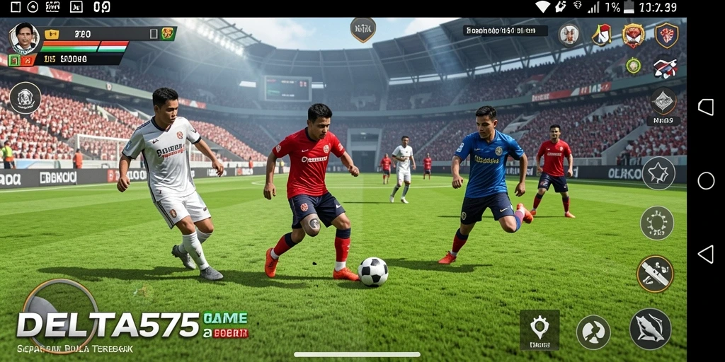 Gameplay DELTA575 menampilkan aksi seru di lapangan sepak bola.