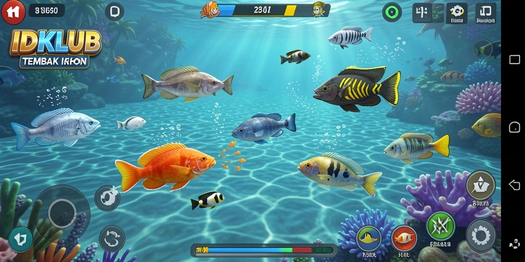 Tampilan gameplay seru di IDKLUB dengan berbagai ikan dan senjata.