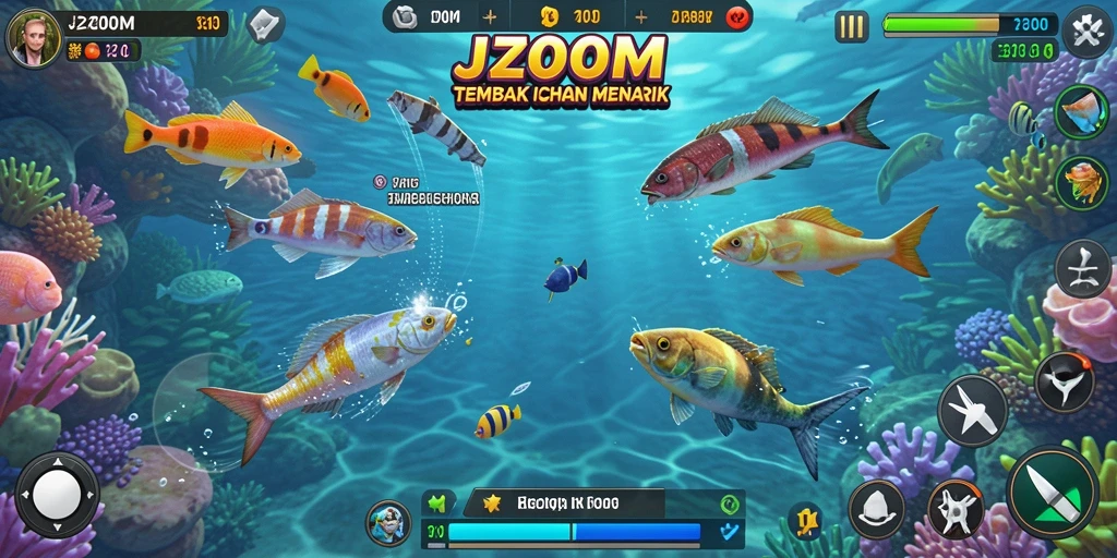 Tampilan gameplay J200M dengan aksi menembak ikan yang seru.