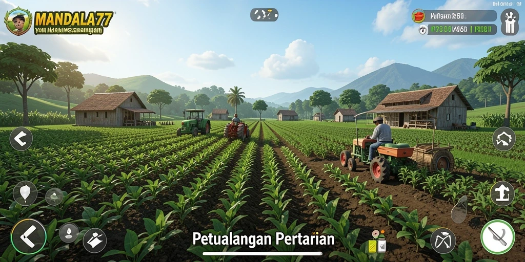 Screenshot utama MANDALA77 menampilkan aktivitas bertani yang interaktif dan menyenangkan.