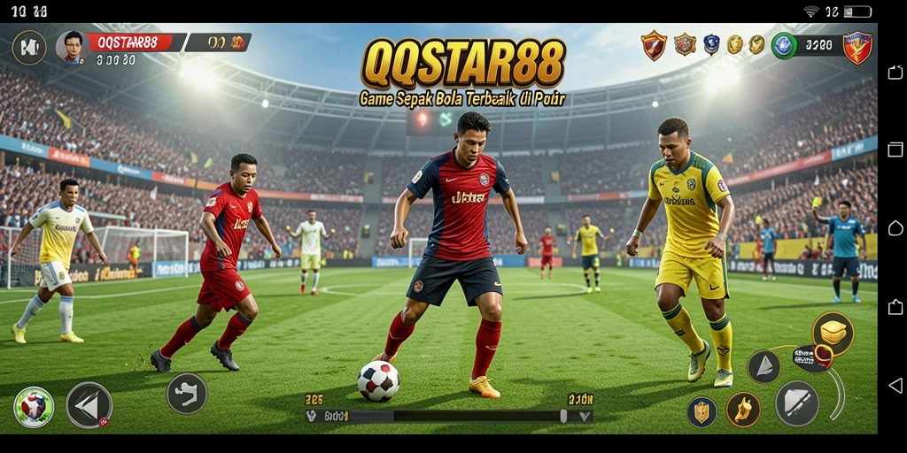 Screenshot gameplay <strong>QQSTAR88</strong> menunjukkan aksi seru di lapangan sepak bola.